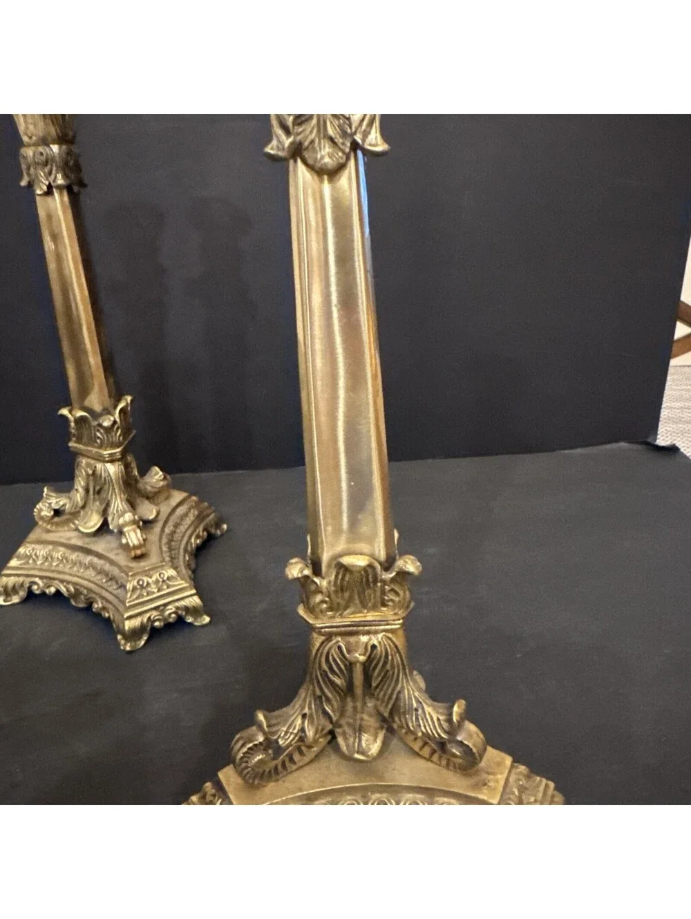 Antique Bronze Ornate Elegant Pair Of Gilt Bronze Candlesticks Stunning 13 3/8”H